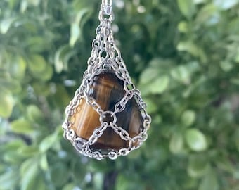 Crystal Holder Necklace: Stainless Steel Chain Pouch, Gemstone