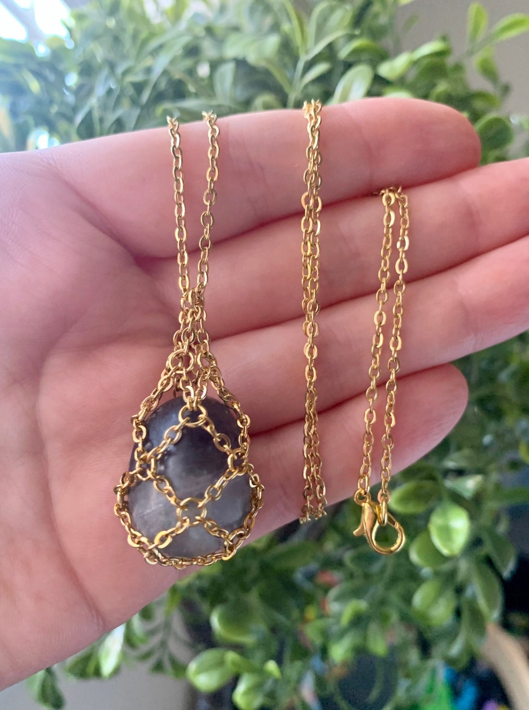 Black & Gold Crystal Holder Necklace, Chain Wrapped Crystal