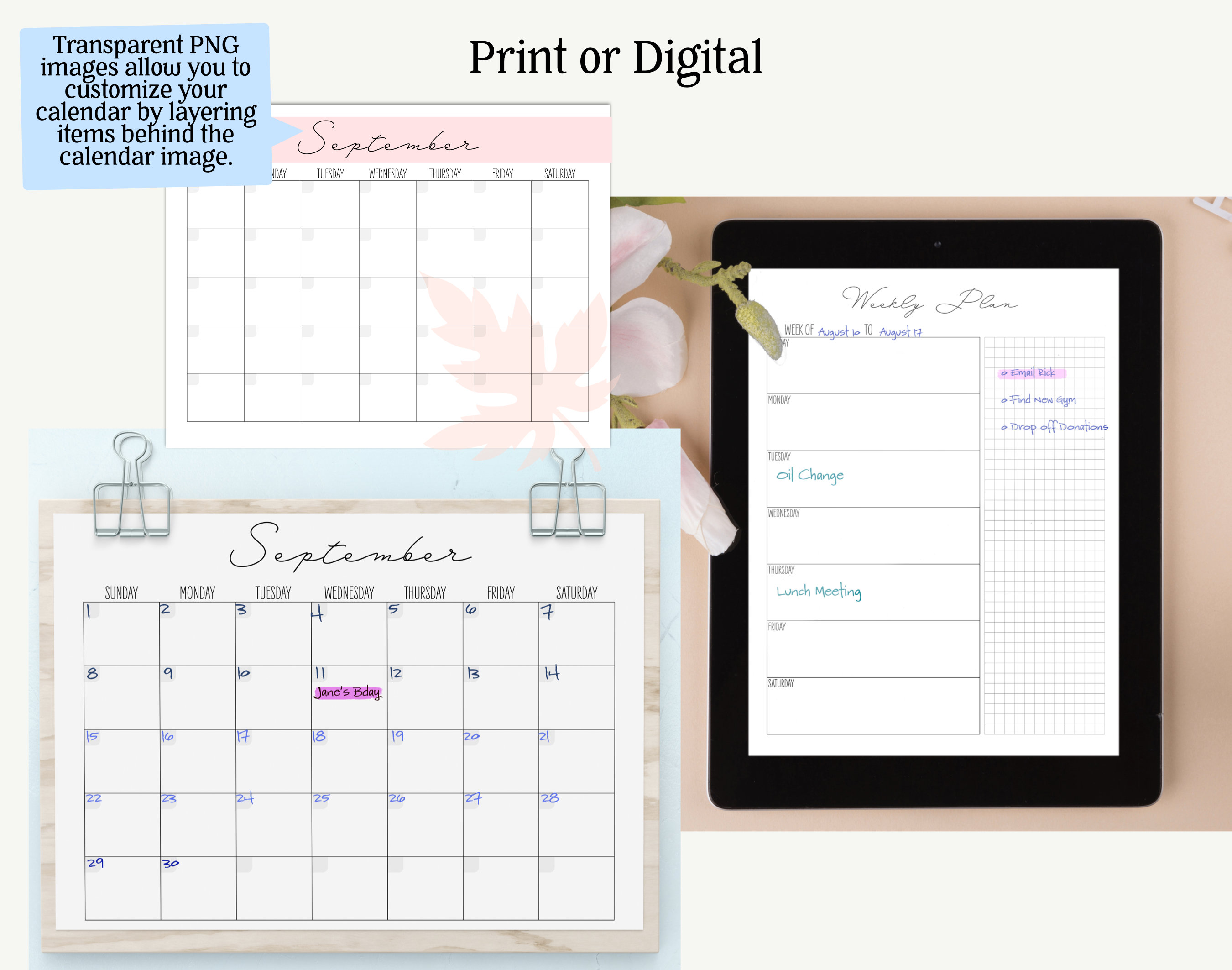 Printable Landscape Minimalist Calendar, Weekly Schedule, Daily Planner ...