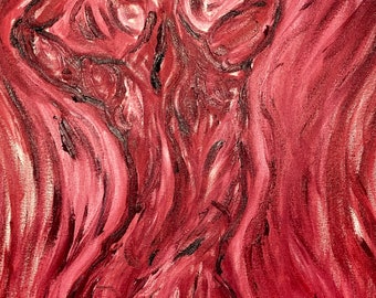 May include: Abstract painting of a figure in shades of red and pink. The figure is outlined in black and appears to be dancing or moving.