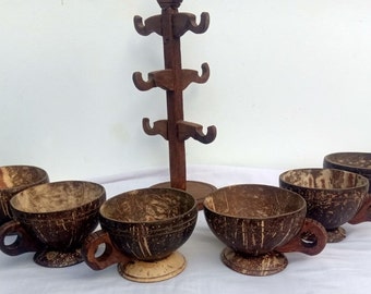 Nouveau 6 pièces de thé à la noix de coco, ensemble de tasses à café et porte-gobelet à thé fait main naturel