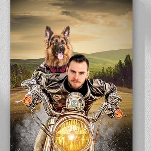 Harley Davidson Human & Pet Portrait - Motorbike Gift - Custom Portrait - Pet Portrait - Dog Portrait - Funny Dog Gift Ideas