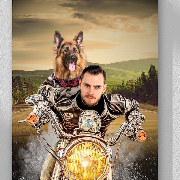 Harley Davidson Human & Pet Portrait - Motorbike Gift - Custom Portrait - Pet Portrait - Dog Portrait - Funny Dog Gift Ideas