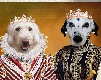 May include: A canvas print featuring two dogs dressed in regal attire. One is a white dog with a crown and a ruffled collar, the other is a Dalmatian wearing a crown and ornate clothing. The background is a warm, golden hue.