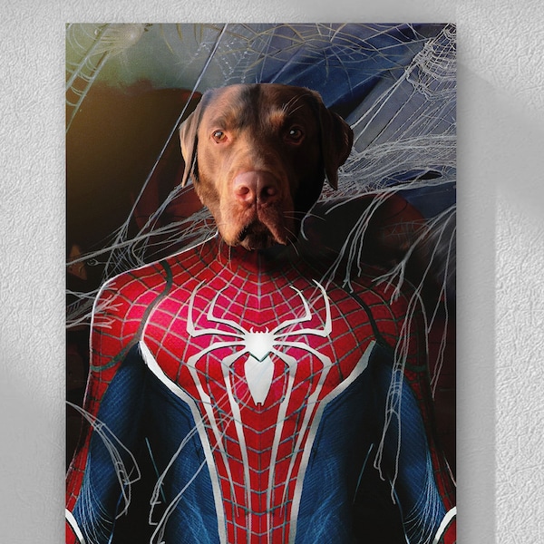 Retrato personalizado de mascota de superhéroe, El Hombre Araña, Retrato de perro, Retrato de gato, Retrato personalizado de mascota, Ideas de regalos, Decoración de pared