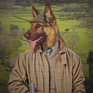 May include: A German Shepherd dog wearing a tweed jacket, a flat cap, and a tie. The dog is holding a shotgun and is standing in front of a green and brown landscape.