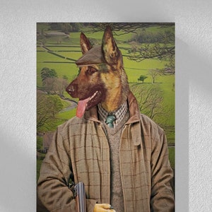 May include: A German Shepherd dog wearing a tweed jacket, a flat cap, and a green patterned tie. The dog is holding a shotgun and is standing in a field.