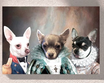 May include: Three chihuahua dogs dressed in royal attire. The dog on the left is wearing a blue and white military uniform. The dog in the middle is wearing a green and white robe with a cross pendant. The dog on the right is wearing a white and gold robe with a lace collar.