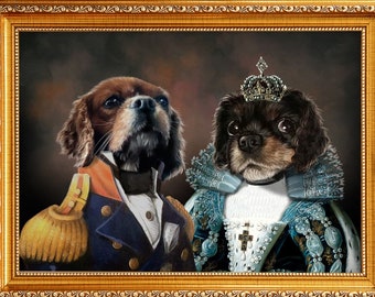 May include: A framed portrait of two dogs dressed in royal attire. The dog on the left is wearing a blue and gold military uniform, while the dog on the right is wearing a blue and white gown with a crown and a jeweled necklace.