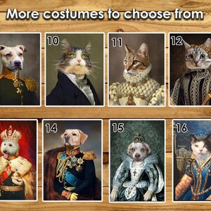 May include: A collage of 10 images showing different pet costumes. The costumes include a king, queen, and military officer. The pets are dogs and cats.