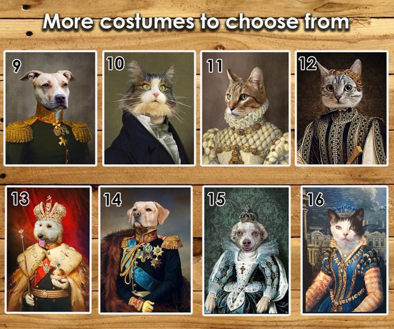May include: A collage of 10 images showing different pet costumes. The costumes include a king, queen, and military officer. The pets are dogs and cats.