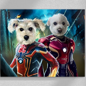 Custom Superhero Pet Portrait, Spiderman and Ironman, Wall Art