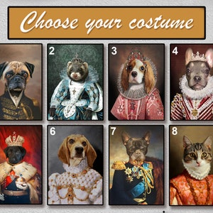 May include: A collage of 8 images showing different pet costumes. The images are numbered 1 through 8. The costumes include a king, queen, and other royal attire. The pets are a pug, ferret, cavalier king charles spaniel, french bulldog, black labrador retriever, beagle, french bulldog, and tabby cat.