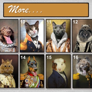 May include: A collage of 10 images featuring various pets dressed in regal attire. The pets include a dog, cat, guinea pig, and a few other breeds. Each pet is wearing a different outfit, including a crown, a military uniform, and a royal robe. The images are arranged in a grid format, with each image numbered from 9 to 18.
