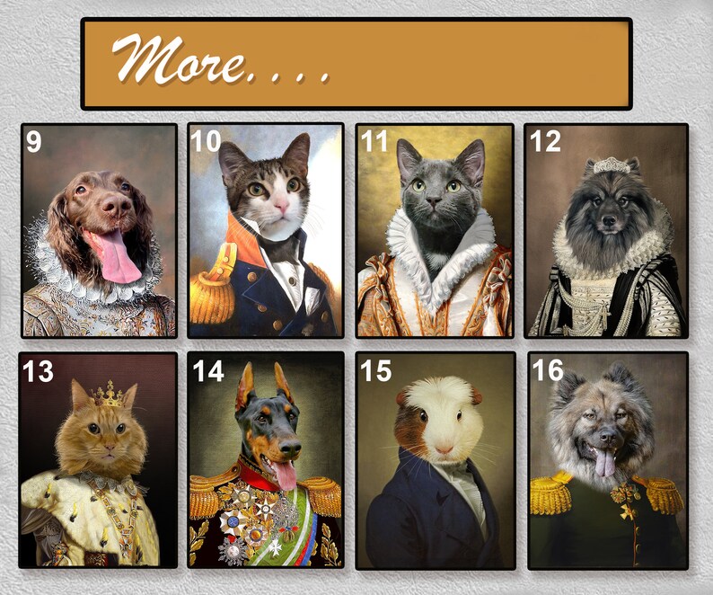 May include: A collage of 10 images featuring various pets dressed in regal attire. The pets include a dog, cat, guinea pig, and a few other breeds. Each pet is wearing a different outfit, including a crown, a military uniform, and a royal robe. The images are arranged in a grid format, with each image numbered from 9 to 18.