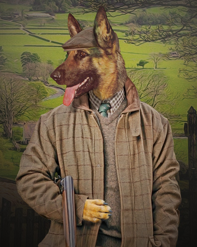 May include: A German Shepherd dog wearing a tweed jacket, a flat cap, and a tie. The dog is holding a shotgun and is standing in front of a green and brown landscape.