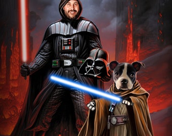 Darth Vader and Obiwan Human/Pet Portrait | Dog Portrait | Custom Pet Portrait | Star wars Portrait | Cat Portrait Custom Painting