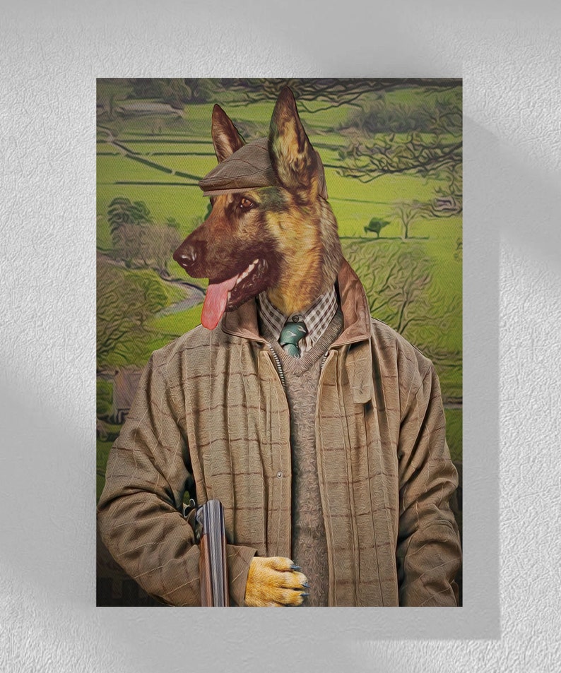 May include: A German Shepherd dog wearing a tweed jacket, a flat cap, and a green patterned tie. The dog is holding a shotgun and is standing in a field.