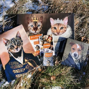 May include: Three canvases featuring pet portraits. The first canvas shows a cat wearing a crown and a blue and gold uniform. The second canvas shows a cat wearing a crown and a white ruff. The third canvas shows a dog wearing a black suit and a white collar. The canvases are surrounded by green grass and snow.