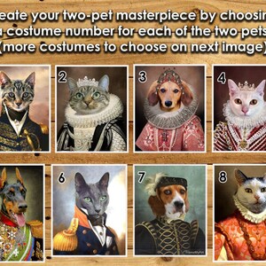 May include: A collage of eight images showing different pet costumes. Each image has a number from 1 to 8. The costumes include a military uniform, a queen's gown, and a king's outfit.