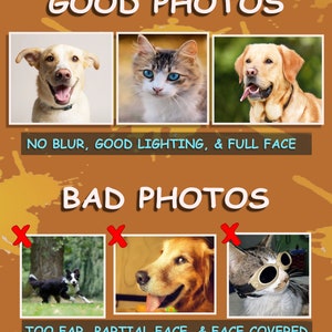 May include: A guide to taking good photos of pets. The top row shows three good photos of a dog and a cat. The bottom row shows three bad photos of a dog and a cat. The text says "GOOD PHOTOS" and "NO BLUR, GOOD LIGHTING, & FULL FACE" and "BAD PHOTOS" and "TOO FAR, PARTIAL FACE, & FACE COVERED".