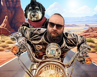Harley Davidson Human & Pet Portrait - Motorbike Gift - Custom Portrait - Pet Portrait - Dog Portrait - Funny Dog Gift Ideas