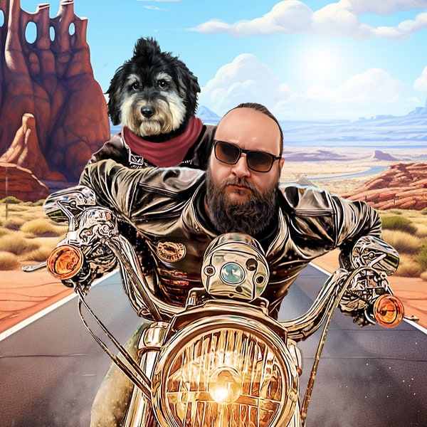 Harley Davidson Menschen- und Haustierportrait – Motorrad-Geschenk – individuelles Portrait – Haustierportrait – Hundeportrait – lustige Geschenkideen für Hunde