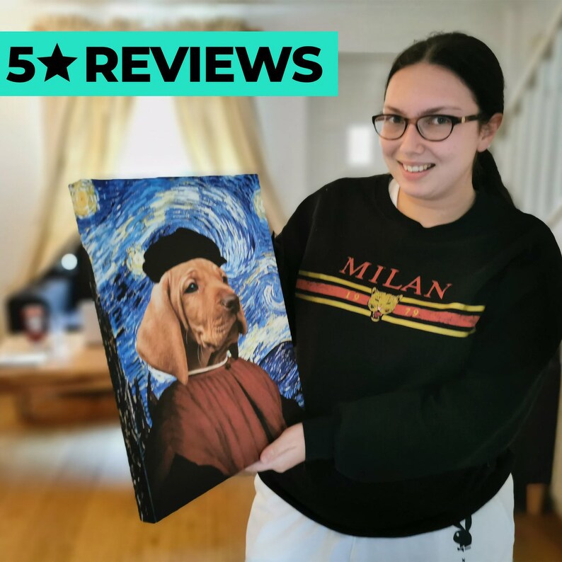 May include: A person is holding a canvas print of a dog in a painting style reminiscent of Vincent van Gogh's "Starry Night". The dog is wearing a black beret and a red and gold robe. The canvas print has a black frame.