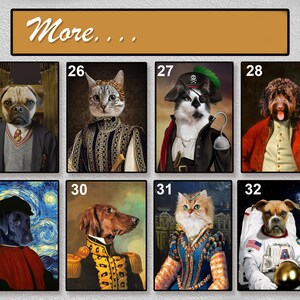 May include: A collage of eight images featuring different animals dressed in various costumes. The animals include a pug, a cat, a dog, a cat, a dog, a cat, a dog, and a dog. The costumes include a Hogwarts student uniform, a medieval king's outfit, a pirate costume, a military uniform, a queen's gown, a space suit, and a military uniform. The images are numbered 25 through 32.