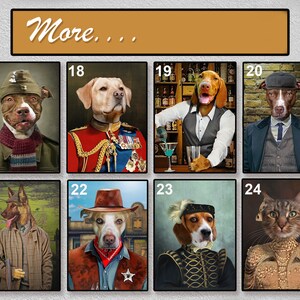 May include: A collage of 8 images featuring different animals dressed in various costumes. The animals include a dog wearing a military uniform, a dog wearing a cowboy hat, a dog wearing a bartender outfit, a cat wearing a fancy dress, and more.