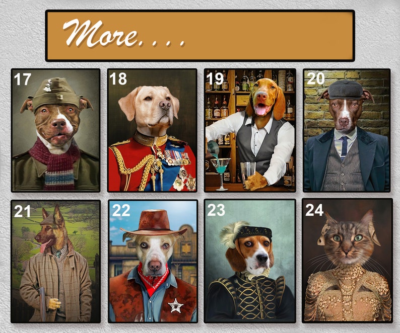 May include: A collage of 8 images featuring different animals dressed in various costumes. The animals include a dog wearing a military uniform, a dog wearing a cowboy hat, a dog wearing a bartender outfit, a cat wearing a fancy dress, and more.
