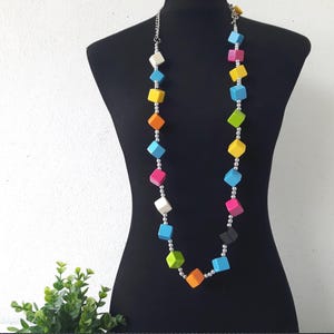 Long necklace with plastic cubes.Vintage French Designed Colorful Resin . Vintage 1970.
