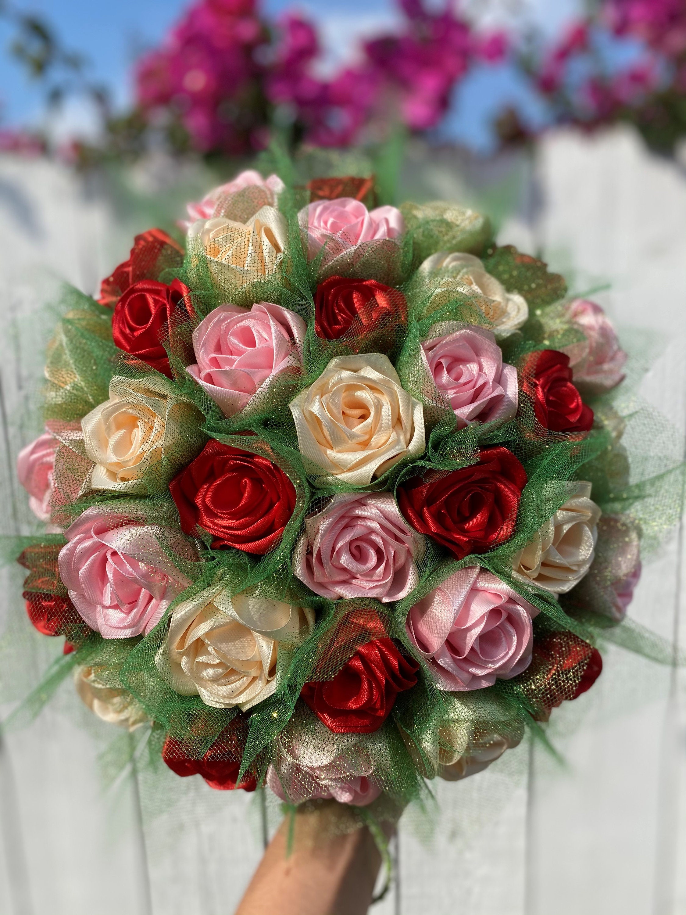 32 Ribbon Roses 3 Color Custom Bouquet please read Etsy