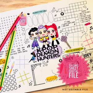 May include: An activity sheet with K-Pop illustrations and text. Includes a crossword, spot the difference game, and anime-style characters. The sheet features the text "K-Pop Demon Hunters" and "Zoey Hamburger".