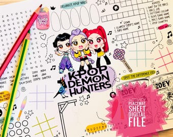 Kids Activity Placemat inspired by KPop Demon Hunters, Party Table Decorations, Printable KPOP Activity Sheet
