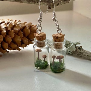 Real mushroom earrings Mushroom jewelry Botanical Nature jewelry Bottle earrings Mushroom in a jar/bottle Mushroom terrarium Moss earrings