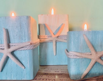 Wooden Beach Starfish Candle Holder Coastal Decor Distressed Beach Decor Beach Wedding Nautical Driftwood Beach Island Chic Shabby Chic