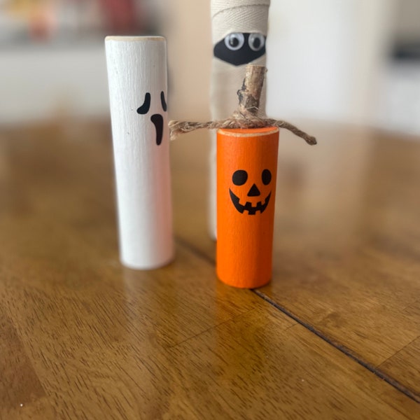 Halloween, Autumn, Wood Dowel Characters - Mummy, Ghost, Jack-o-lantern Pumpkin Shelf Décor