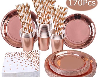 Baby Shower Rose Gold Party Decorations Sweet 16 Party Supplies Pink and Gold Party Supplies Kiki Green Rose Gold Paper Plates Set 125pcs Compostable Paper Plates Rose Gold Party Plates and Cups