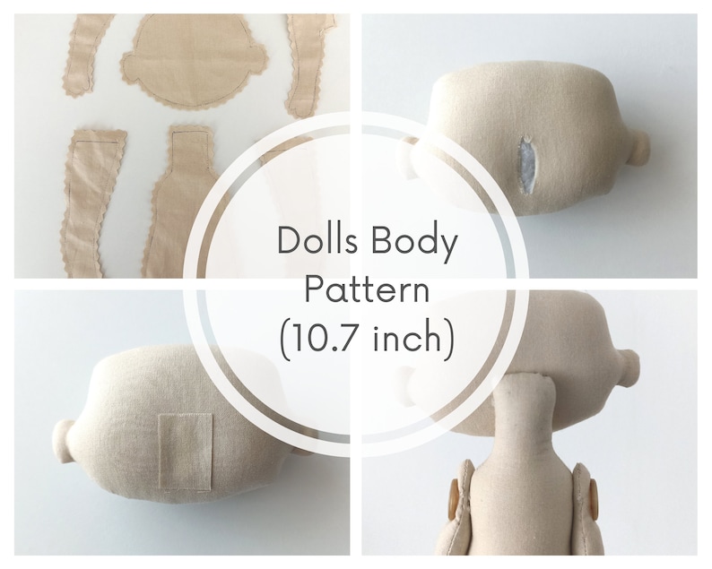 May include: A pattern for a doll's body, with instructions for sewing the pieces together. The pattern is for a doll that is 10.7 inches tall.