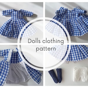 May include: A blue and white gingham doll dress pattern with a white petticoat and blue and white gingham fabric. The pattern includes instructions for making a doll dress, petticoat, and socks.