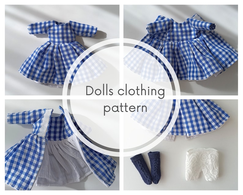 May include: A blue and white gingham doll dress pattern with a white petticoat and blue and white gingham fabric. The pattern includes instructions for making a doll dress, petticoat, and socks.