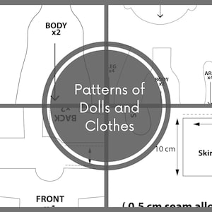 May include: A black and white sewing pattern for dolls and clothes. The pattern includes pieces for the body, legs, arms, and a skirt. The pattern is labelled with the text "Patterns of Dolls and Clothes".