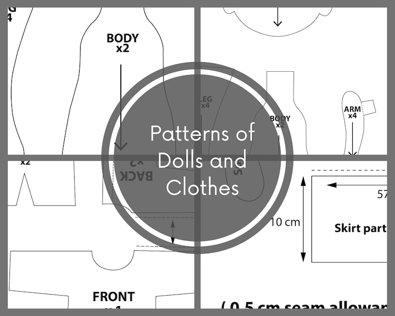 May include: A black and white sewing pattern for dolls and clothes. The pattern includes pieces for the body, legs, arms, and a skirt. The pattern is labelled with the text "Patterns of Dolls and Clothes".
