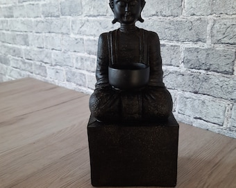 large tealight holder Buddha made of black poly