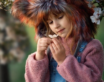 Colourful faux fur Fox hat bonnet and tail