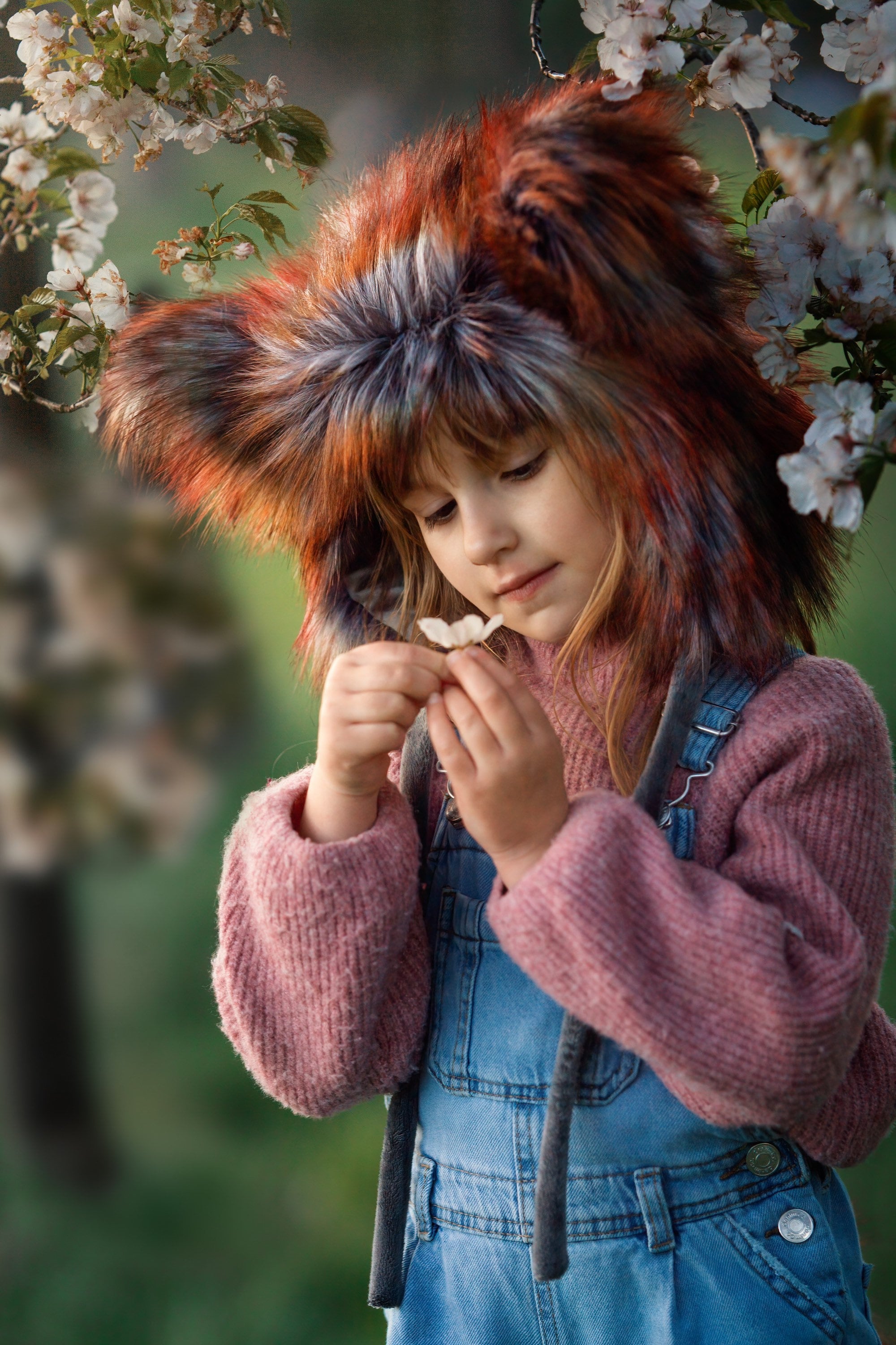 Colourful faux fur Fox hat bonnet and tail