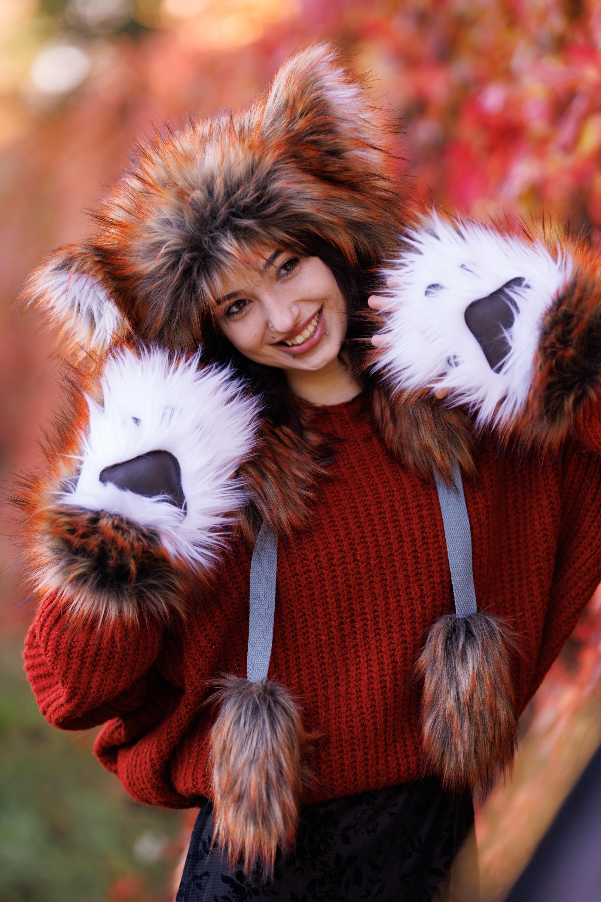 Fingerless fox paws with red highlights