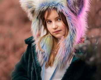 Rainbow fox hood