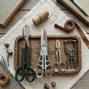 May include: A collection of vintage metal tools, including scissors, a clamp, and thimbles, arranged on a wooden tray. A spool of twine, a measuring tape, and a pencil are also present. The tools are set on a linen cloth, with a wooden background.